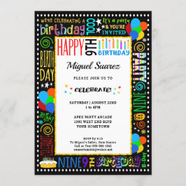 9e verjaardag Fun Color Crazy Text op Black Party Kaart