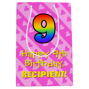 9e verjaardag: Fun roze hartenstrepen & regenboog  Medium Cadeauzakje