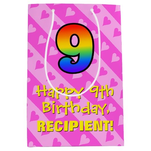 9e verjaardag: Fun roze hartenstrepen & regenboog  Medium Cadeauzakje (Voorkant)