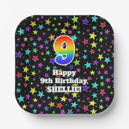 9e verjaardag: Fun Stars-patroon en regenboog “9” Papieren Bordje