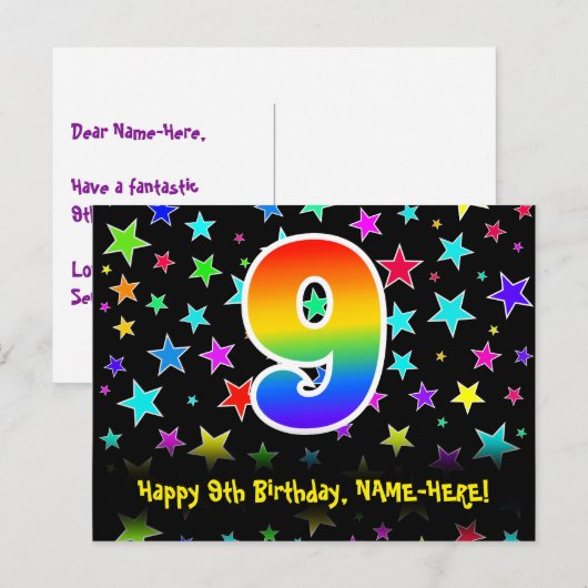 9e verjaardag: Fun Stars Patroon, Regenboog 9, Naa Briefkaart (Voorkant / Achterkant)