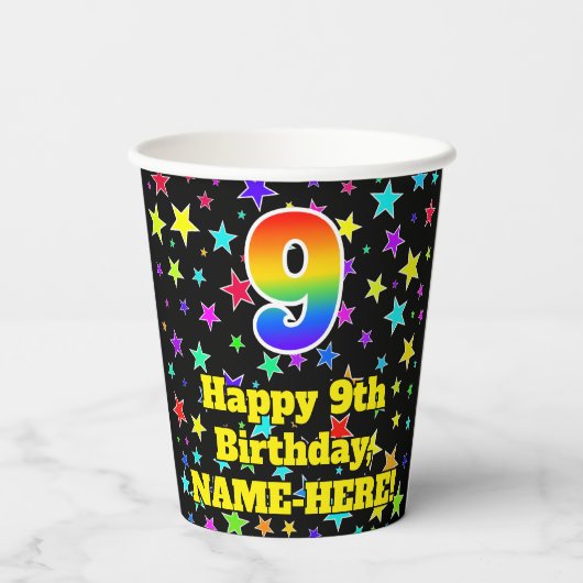 9e verjaardag: Fun Stars Pattern en Rainbow 9 Papieren Bekers (Achterkant)