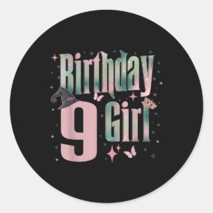9e verjaardag heks roze en groen 9 jaar oude geboo ronde sticker