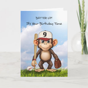 9e Verjaardag Honkbal Verjaardag Monkey Bat Ball Kaart
