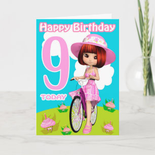 9e verjaardag Kaart  meisje op de fiets