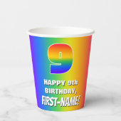 9e verjaardag: kleurrijk, vun regenboogpatroon # 9 papieren bekers (Achterkant)