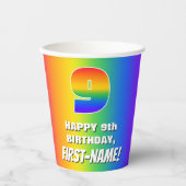 9e verjaardag: kleurrijk, vun regenboogpatroon # 9 papieren bekers (Voorkant)