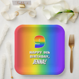 9e verjaardag: kleurrijk, vun regenboogpatroon # 9 papieren bordje