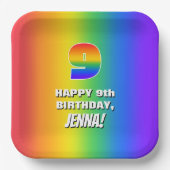 9e verjaardag: kleurrijk, vun regenboogpatroon # 9 papieren bordje (Voorkant)