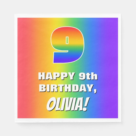 9e verjaardag: kleurrijk, vun regenboogpatroon # 9 servet (Voorkant)