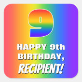 9e verjaardag: kleurrijk, vun regenboogpatroon # 9 vierkante sticker (Voorkant)