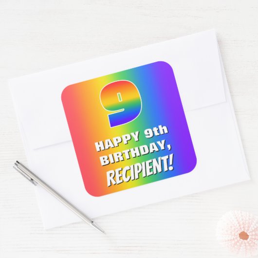 9e verjaardag: kleurrijk, vun regenboogpatroon # 9 vierkante sticker (Envelop)