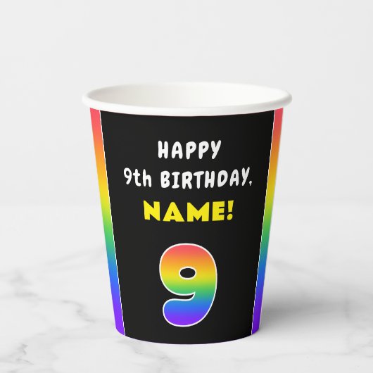 9e verjaardag: kleurrijke regenboog # 9, aangepast papieren bekers (Achterkant)