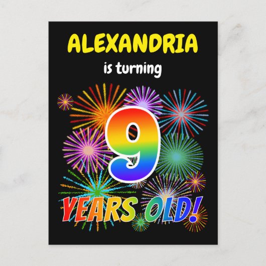 9e verjaardag - Leuk vuurwerk, regenbooglook "9" Briefkaart (Voorkant)