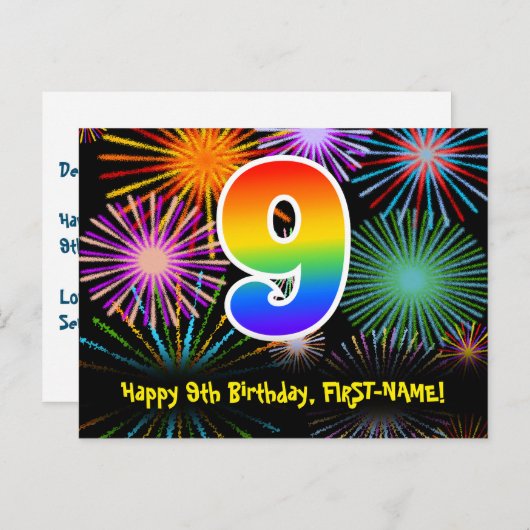 9e verjaardag - Leuk vuurwerkpatroon + Regenboog 9 Briefkaart (Voorkant / Achterkant)