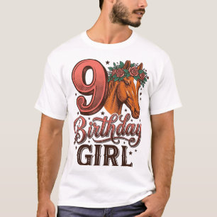 9e verjaardag meisje paard bloemig vintage ontwerp t-shirt
