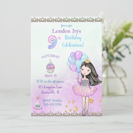 9e verjaardag meisje prinses cupcake ballonnen kaart (Staand voorkant)