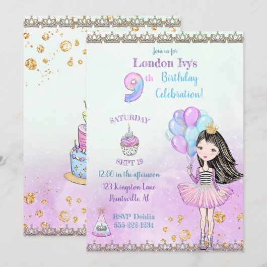 9e verjaardag meisje prinses cupcake ballonnen kaart (Voorkant / Achterkant)