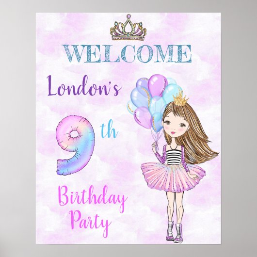 9e verjaardag meisje prinses lavendel turquoise poster (Voorkant)
