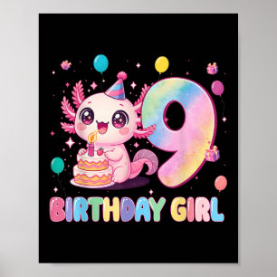 9e verjaardag meisje schattige axolotl 9 jaar oud poster