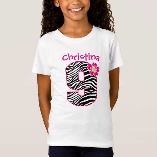 9e verjaardag meisje, warm roze en zwart Zebrapatr T-shirt (Voorkant)