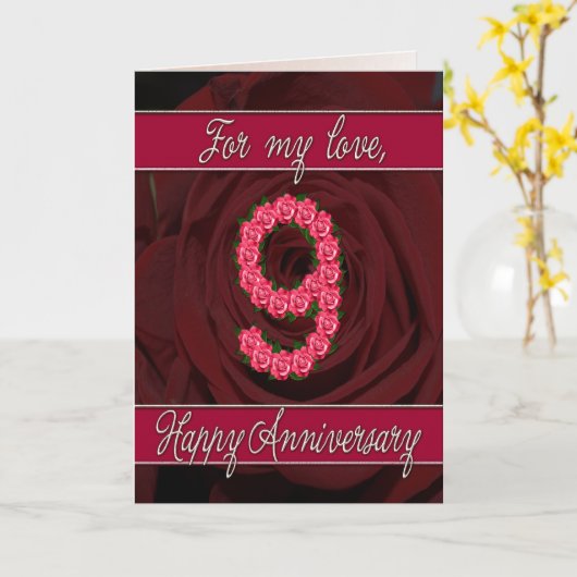 9e verjaardag met rozen en bladeren kaart (Gele Bloem)