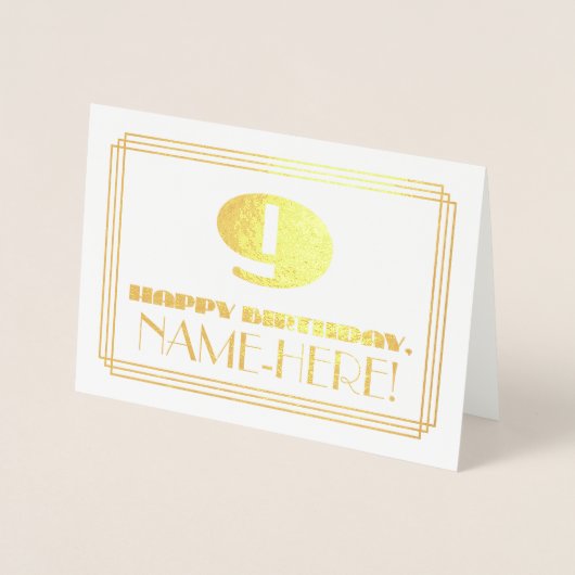 9e verjaardag; Naam + Art Deco geïnspireerde look  Folie Kaarten (Voorkant)