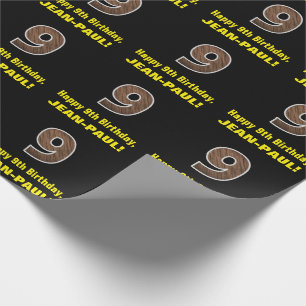 9e verjaardag: Naam & Faux Hout Grain Pattern "9" Cadeaupapier