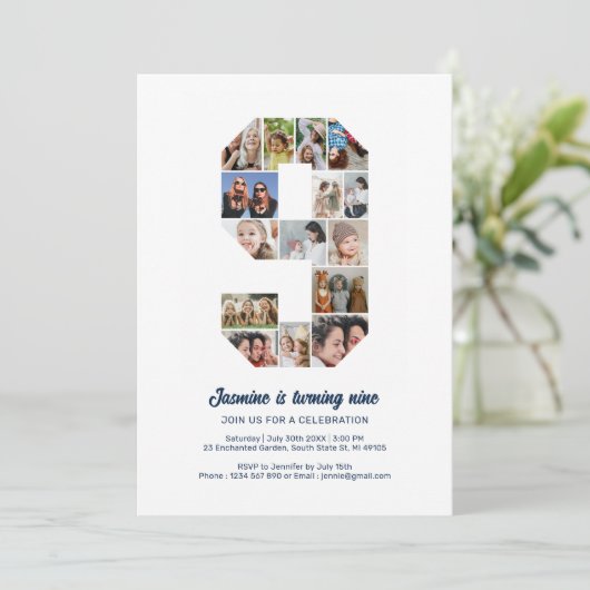 9e verjaardag nummer 9 aangepaste foto collage kaart (Staand voorkant)