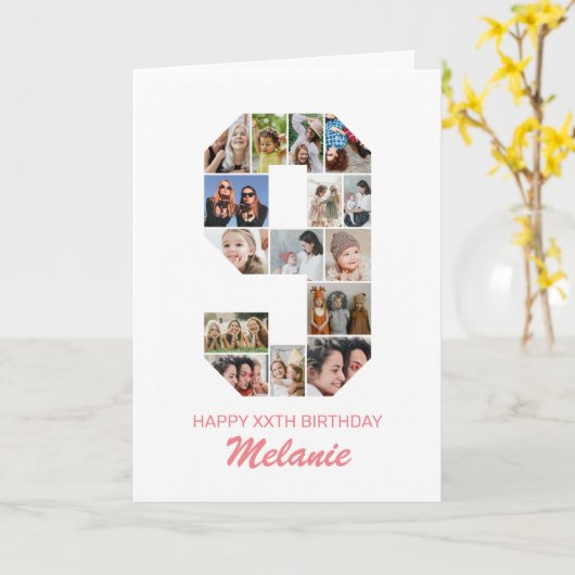 9e verjaardag nummer 9 fotocollage gepersonaliseer kaart (Gele Bloem)