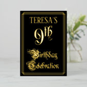 9e verjaardag Partij - Fancy Manuscript & de Naam  Folie Uitnodiging (Staand Voorkant)