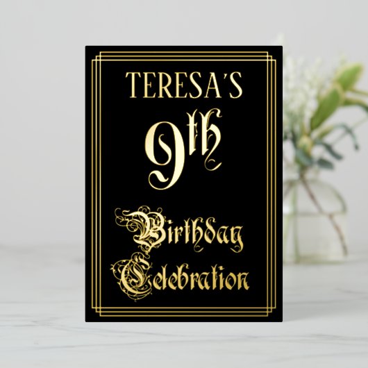 9e verjaardag Partij - Fancy Manuscript & de Naam  Folie Uitnodiging (Staand Voorkant)