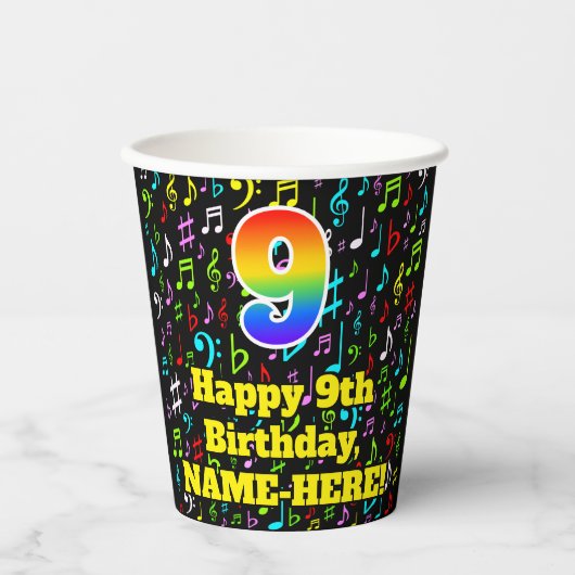 9e Verjaardag: Plezier Muzieknoten Patroon, Regenb Papieren Bekers (Voorkant)