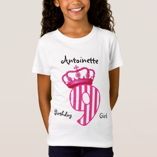 9e verjaardag Prinses ROZE Kroon en Strepen V01 T-shirt (Voorkant)