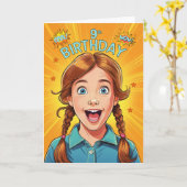 9e Verjaardag Redhead Light Skin Girl Pop Art Styl Kaart (Gele Bloem)