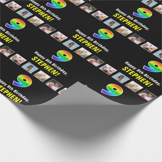 9e verjaardag: Regenboog "9"; Aangepaste foto's &  Cadeaupapier (Hoek)