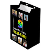 9e verjaardag: Regenboog "9", aangepaste foto's &  Medium Cadeauzakje (Voorkant Gekanteld)