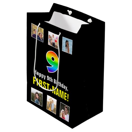 9e verjaardag: Regenboog "9", aangepaste foto's &  Medium Cadeauzakje (Voorkant Gekanteld)