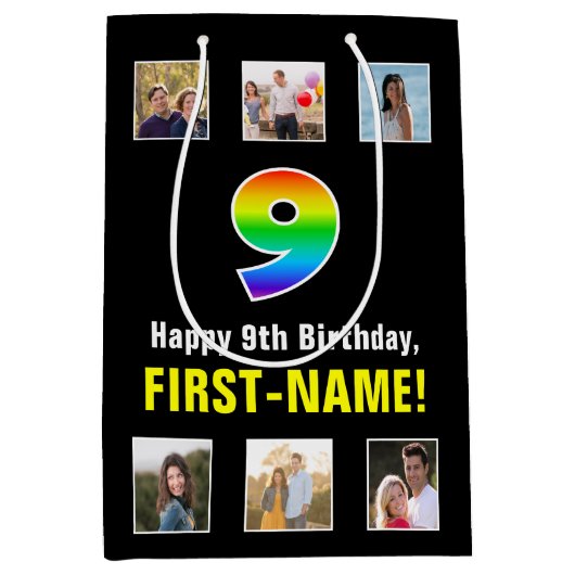 9e verjaardag: Regenboog "9", aangepaste foto's &  Medium Cadeauzakje (Voorkant)