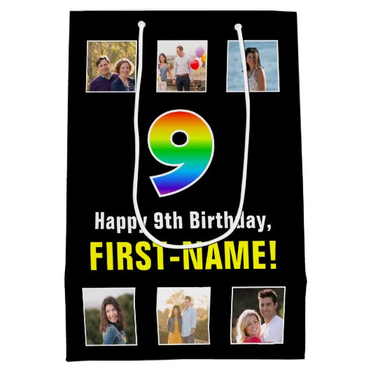 9e verjaardag: Regenboog "9", aangepaste foto's &  Medium Cadeauzakje (Achterkant)