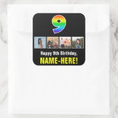 9e verjaardag: Regenboog "9"; Aangepaste foto's &  Vierkante Sticker (Tas)