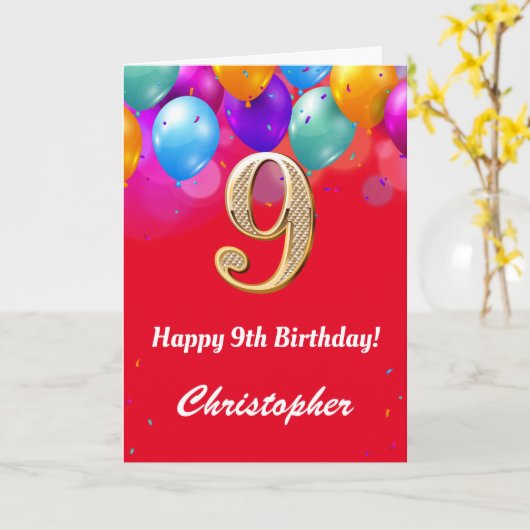 9e verjaardag Rode en goudkleurige ballonnen Kaart (Gele Bloem)