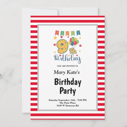 9e verjaardag Rode/witte strepen Kaart (Voorkant)