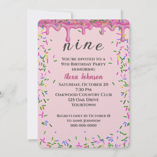 9e verjaardag roze ijsjes en strooisel kaart (Voorkant)