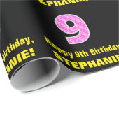 9e verjaardag: Roze strepen en hart "9" + naam Cadeaupapier (Rol Hoek)