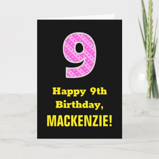 9e verjaardag: Roze strepen en hart "9" + naam Kaart (Voorkant)