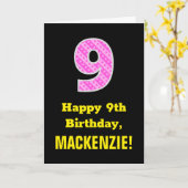 9e verjaardag: Roze strepen en hart "9" + naam Kaart (Gele Bloem)