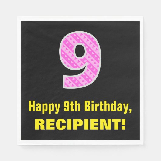 9e verjaardag: Roze strepen en hart "9" + naam Servet (Voorkant)