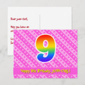 9e verjaardag: roze strepen & harten, regenboog 9 briefkaart (Voorkant / Achterkant)