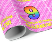 9e verjaardag: Roze strips & harten, regenboognr.  Cadeaupapier (Rol Hoek)